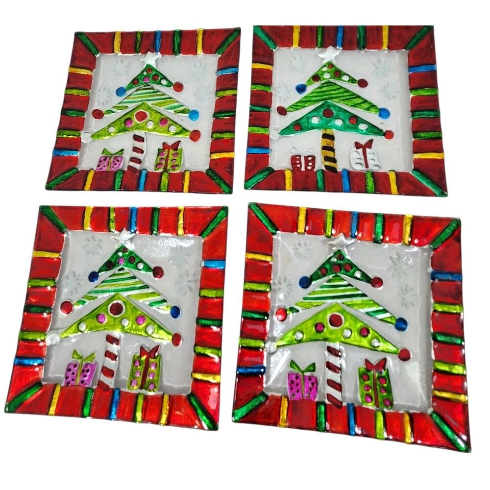 Set Of 4 Vintage Christmas Dessert App Plates Whimsical Grinch Seuss Look Glass